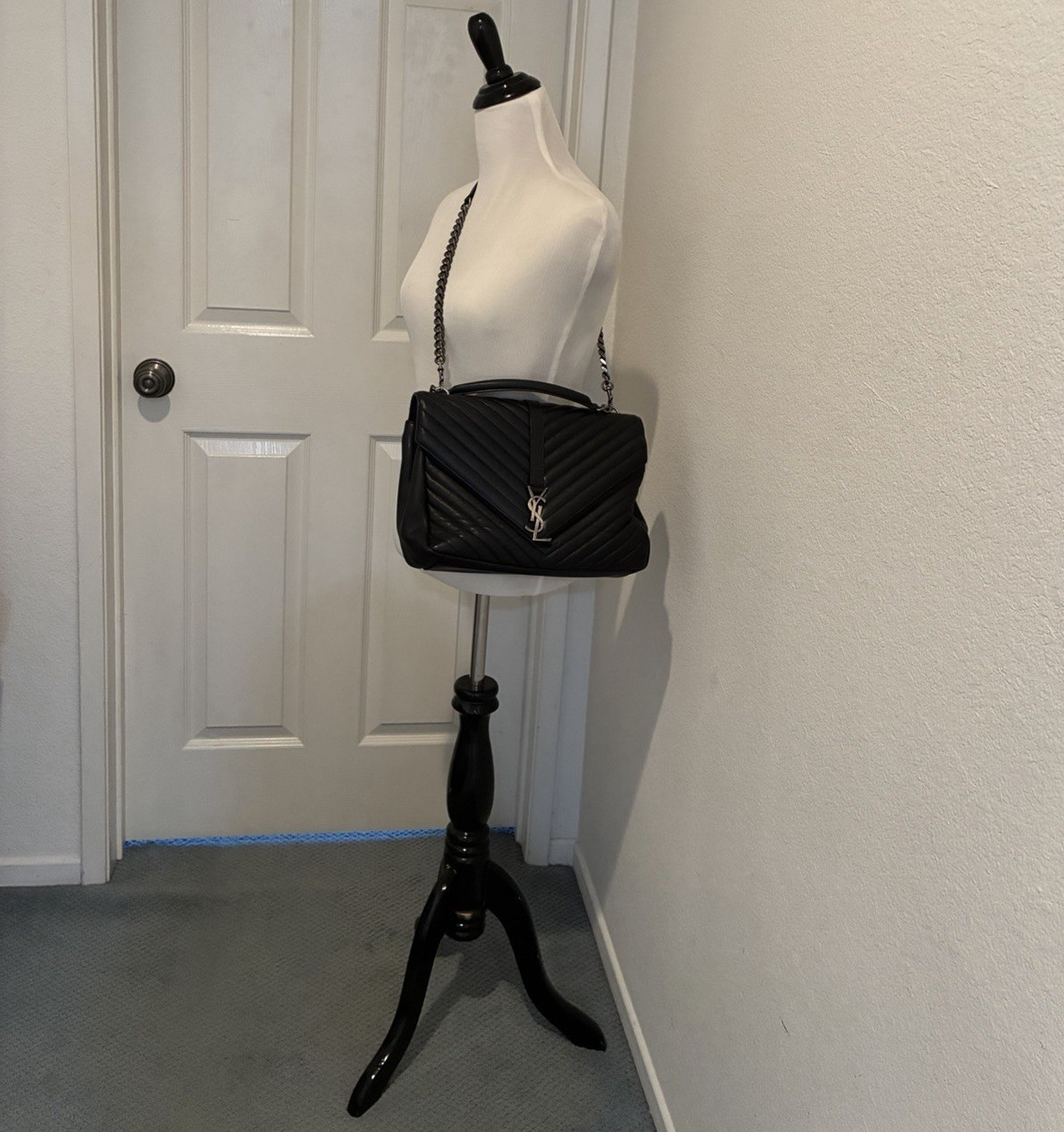 Saint Laurent Black Crossbody Bag Silver Hardware Chain Strap YSL Logo Dust Bag
