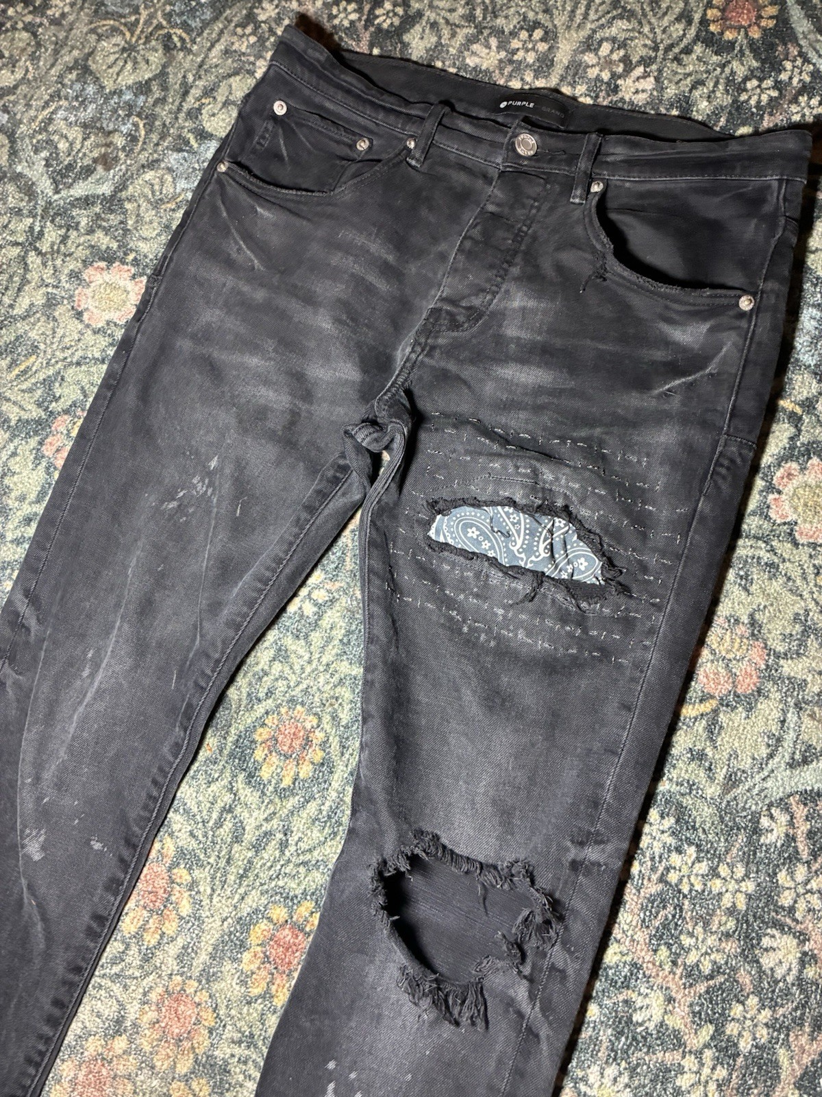 Purple Brand Men’s Black Dark Wash Distressed Skinny Stretch Denim Jeans Logo