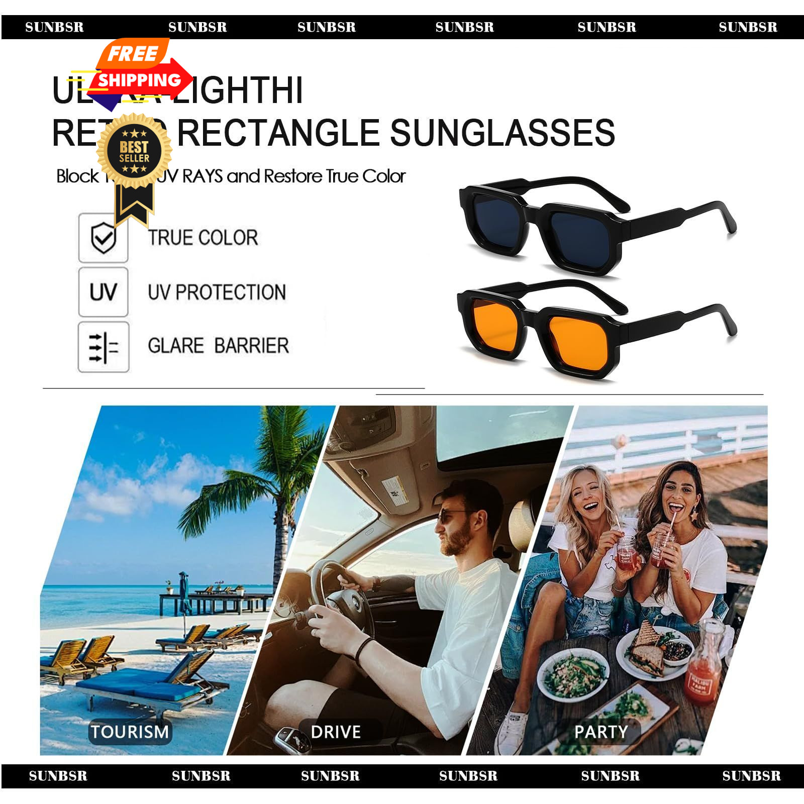 SUNBSR Retro Rectangle Sunglasses Mens Womens Orange 60mm, Grey+orange