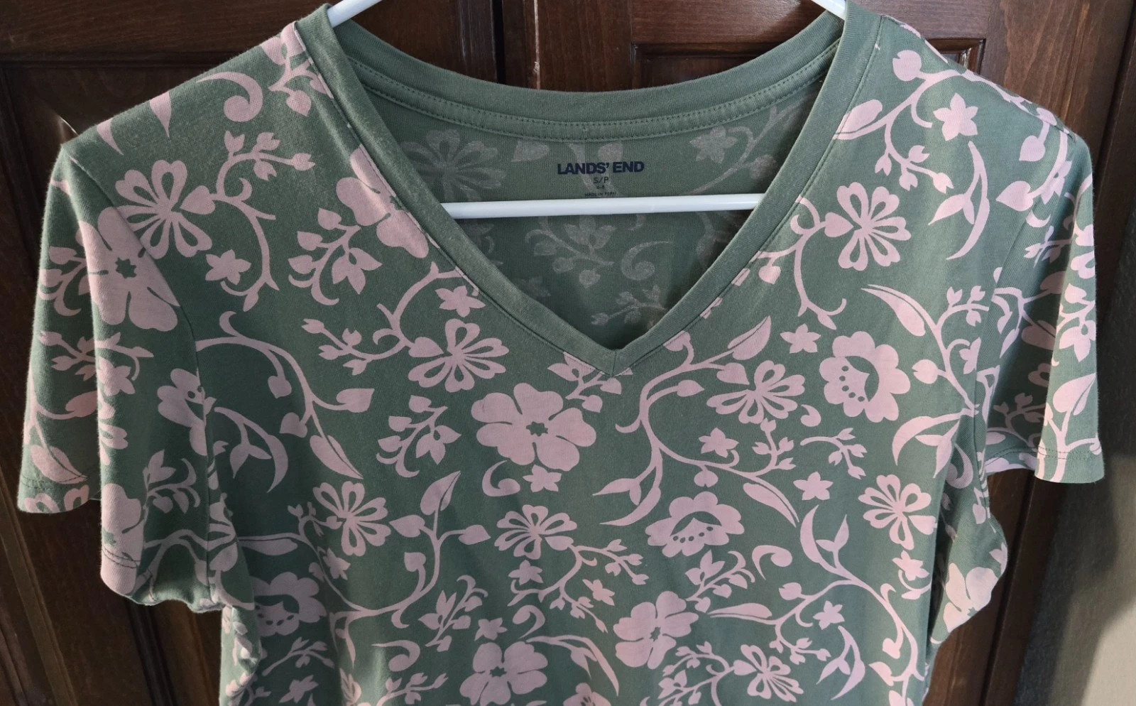 EUC – LANDS’ END 100% Cotton/Baumwolle S/P Short Sleeve Floral Green/Pink Top