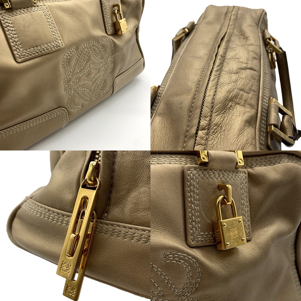 Loewe Amazona 28 Handbag, Mini Boston Style, Leather, Gold, Gold Metal