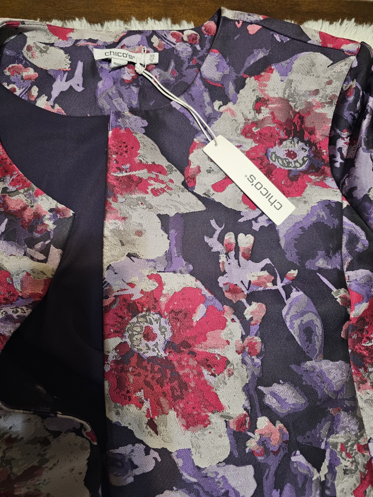 Chicos Floral Brocade Topper Jacket Coat Purple Pink Metallic Jacquard 3.5 US 18