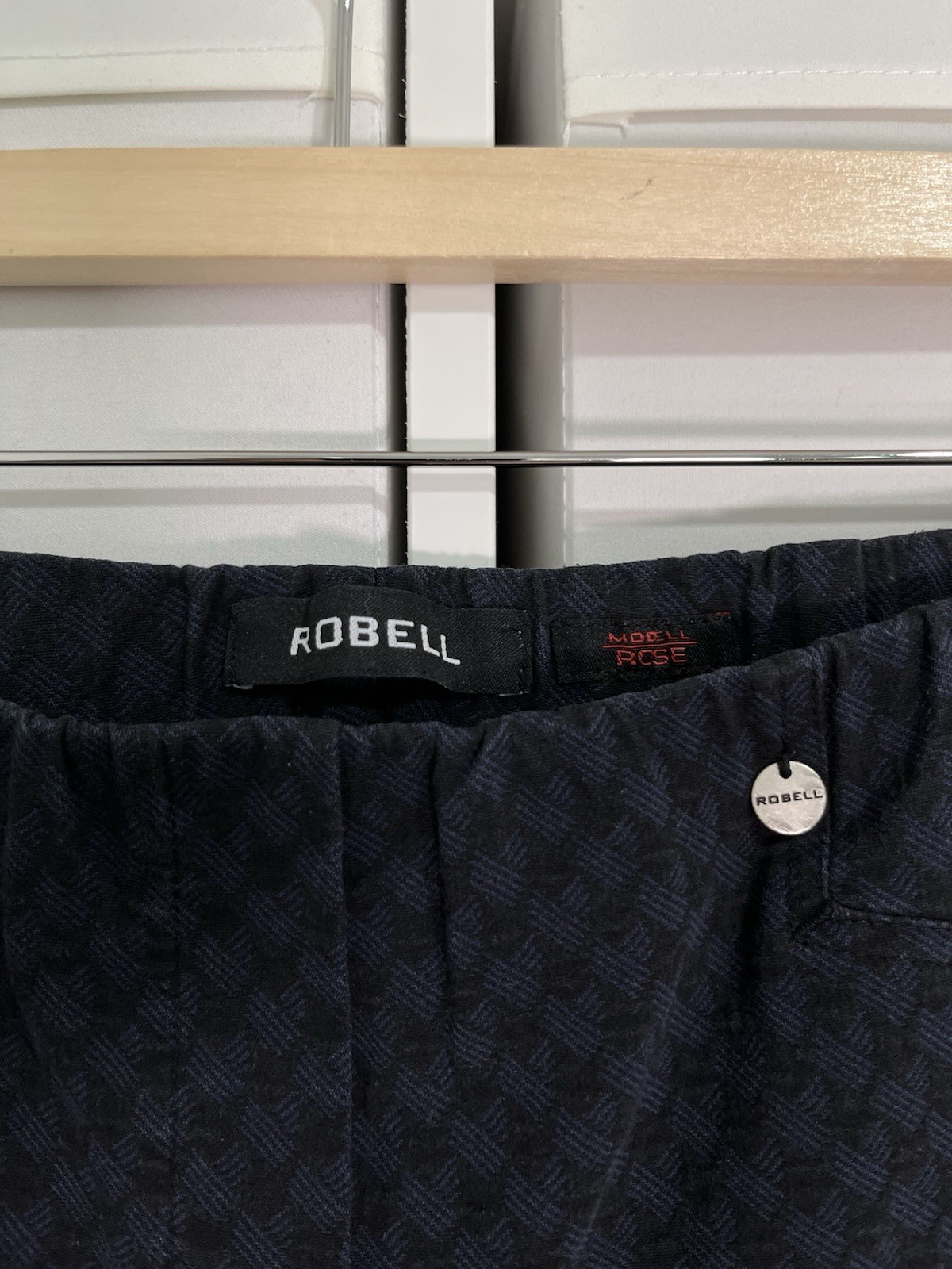 Robell Rose Trousers Size 12 Navy Geometric Pull On Elastic Waist W30 L26