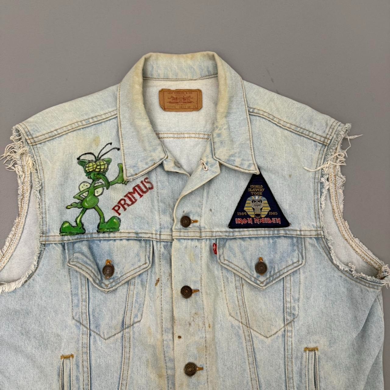 Vintage 80s Levis Punk Denim Vest Light Wash Patches Blue Button Front Size XL