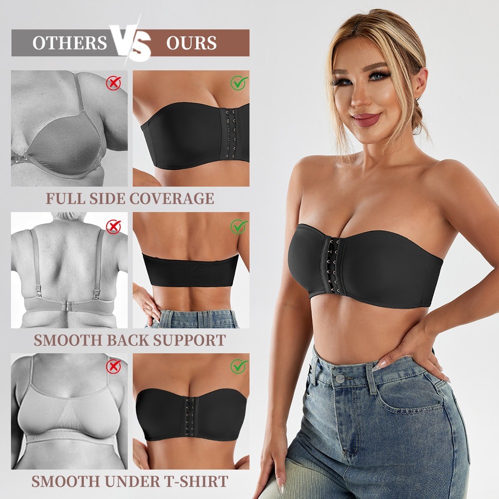 3 Pack Strapless Front Hook Bra Wireless Anti Slip Removable Pads Bandeau Bra