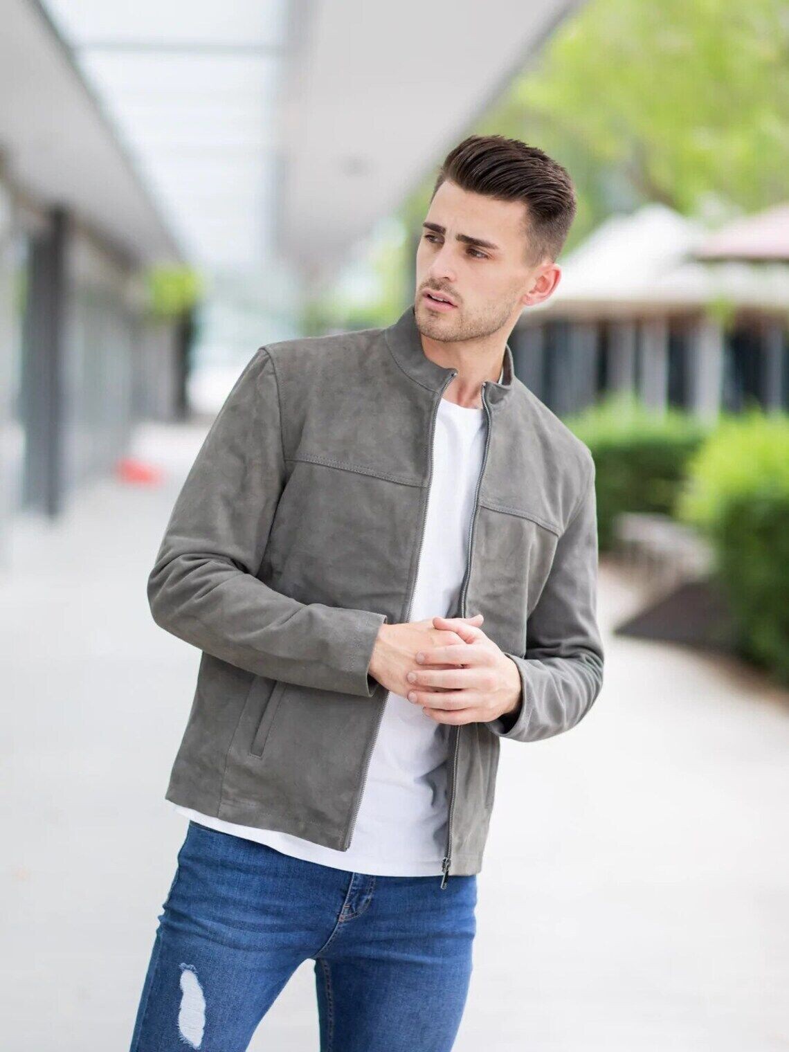 Leather Jacket Men Gray Genuine Suede Cafe Racer Size XS S M L XL XXL Custom-016
