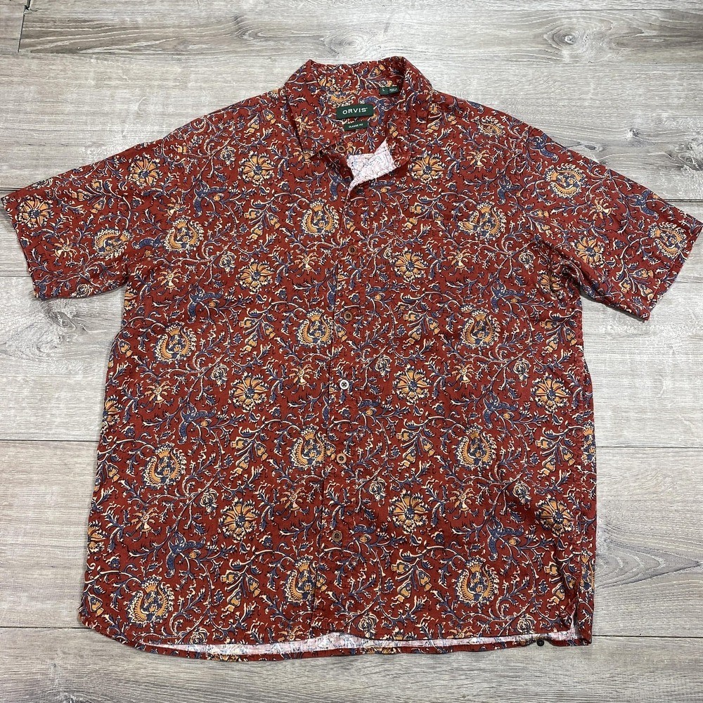 Orvis Shirt Mens Large Red Floral Hemp Blend Short Sleeve Button Front Casual