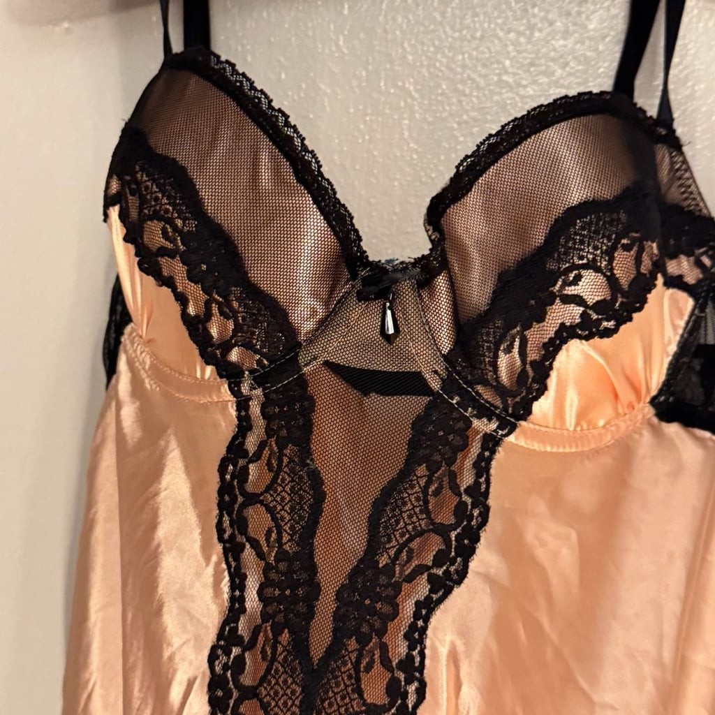 California Dynasty Pink Satin and Black Lace Cupped Babydoll Lingerie