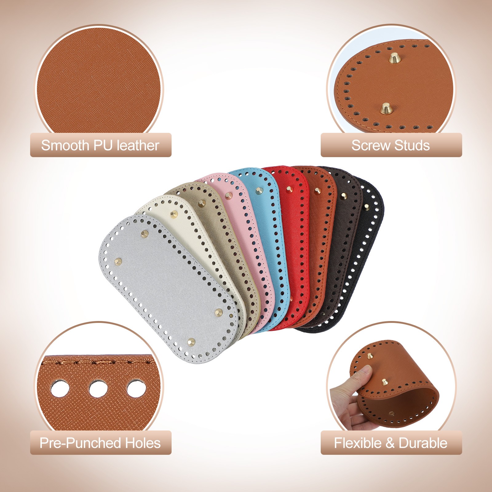 2Pcs Oval PU Leather Bag Bottom Shaper with Holes & Nails 9.8×4.7 Inch Brown