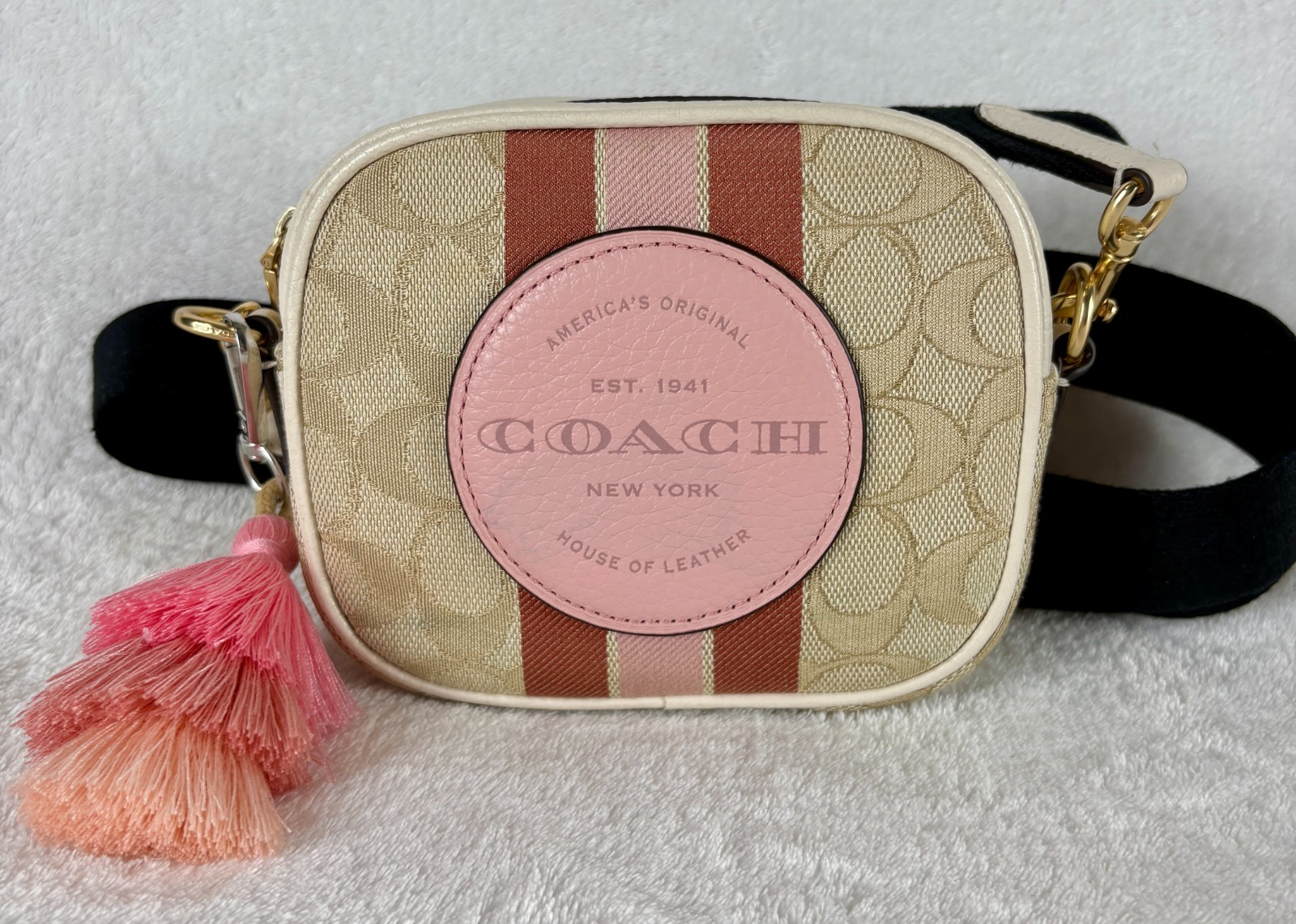 Coach Mini Dempsey Camera Bag in Khaki/Powder Pink Signature Jacquard and Charm
