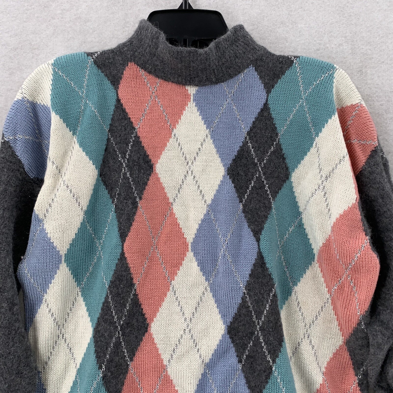 Vintage Suburbans Lambs Wool Angora Pullover Argyle Sweater Mock Neck Womens XL