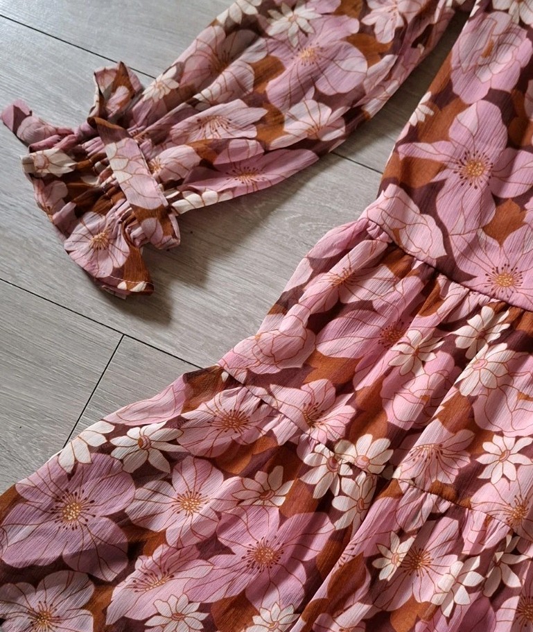 Brown & Pink Floral Flared Smock Dress Tiered Frill Party Sheer Boho Retro UK14