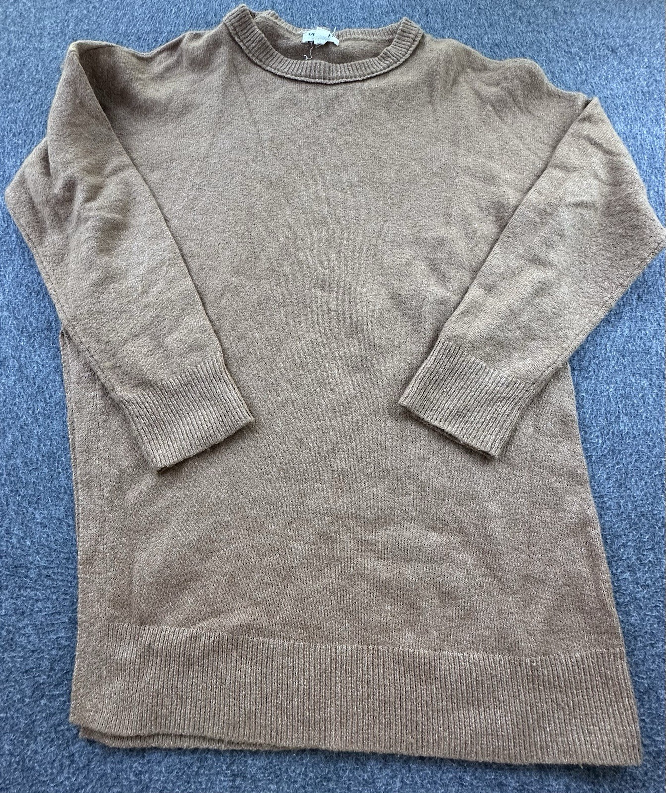 Open Edit Sweater Womens Small Brown Asymmetrical Side Slit Long Sleeve Pullover