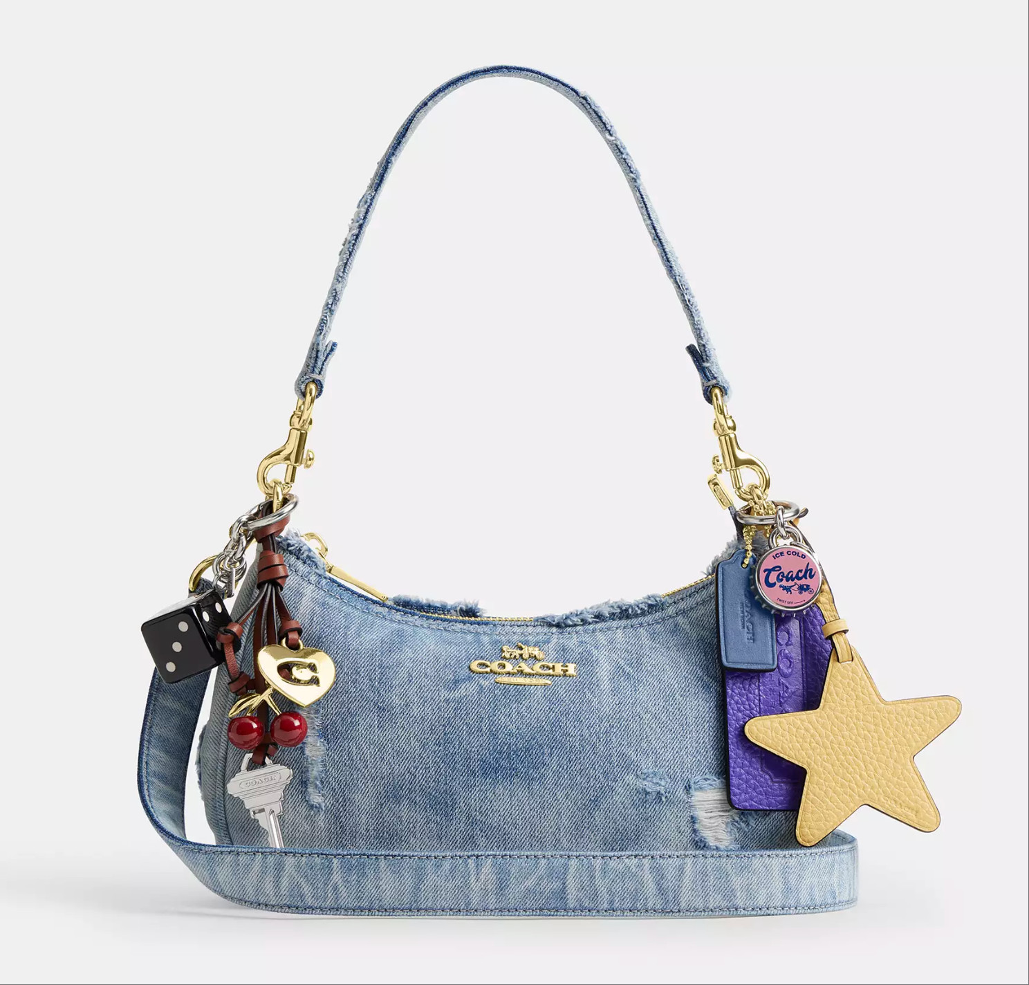 NWT COACH CDY76 Teri Shoulder Bag In Loved Denim With Charms /Light Indigo