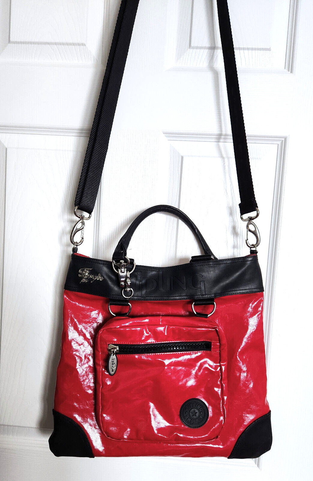 Kipling Fergie Glossy Convertible Crossbody Bag Tote Red and Black, Front Pouch