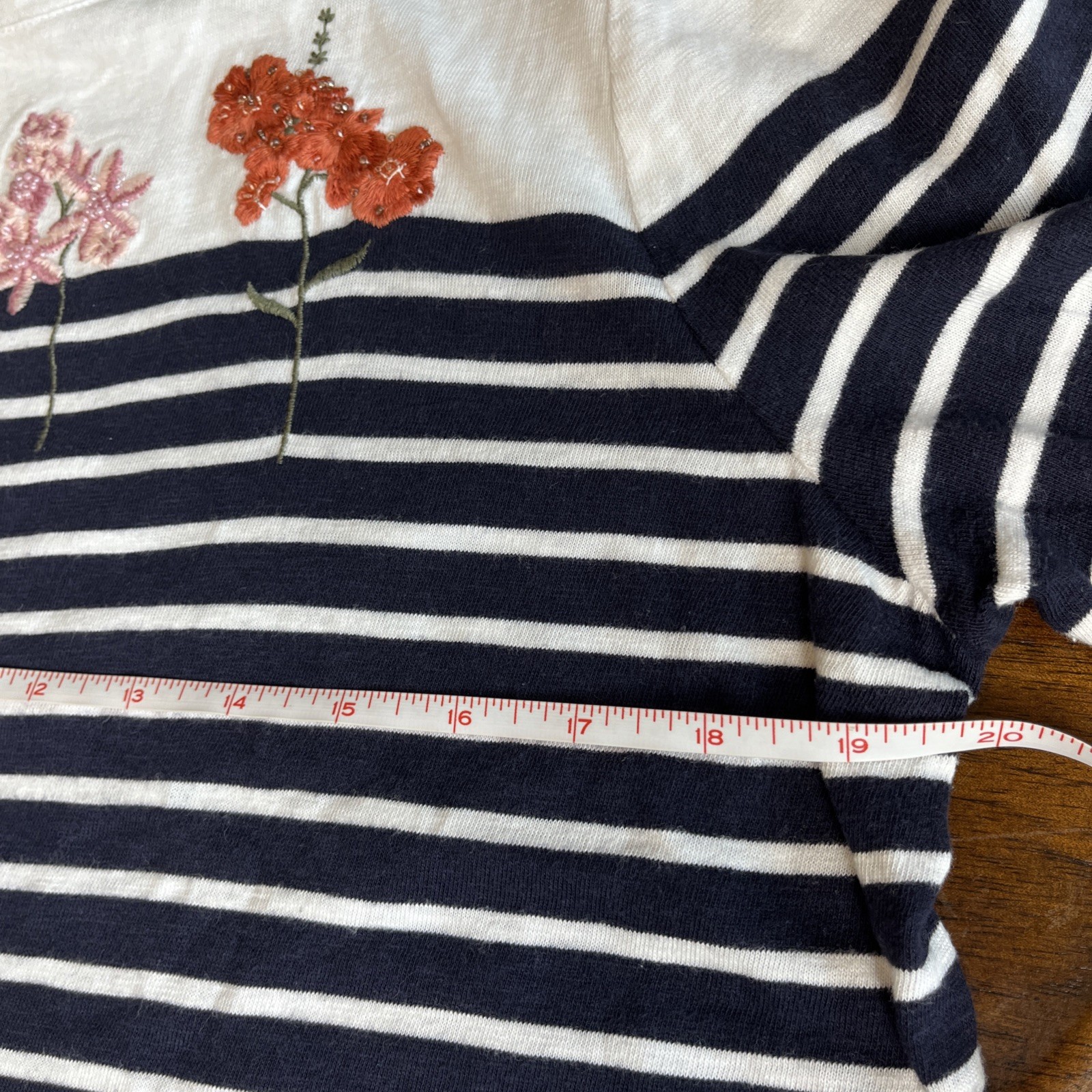 Talbots Large Navy White Stripe Top Embroidered Beaded Flowers Coastal Garden