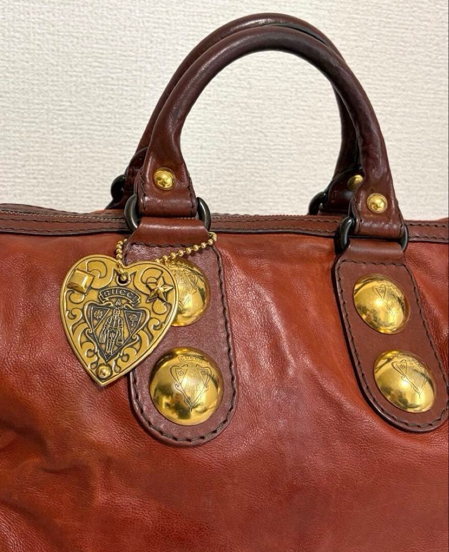 GUCCI Red Leather Boston Bag Vintage Studded Heart Charm Womens Handbag 71