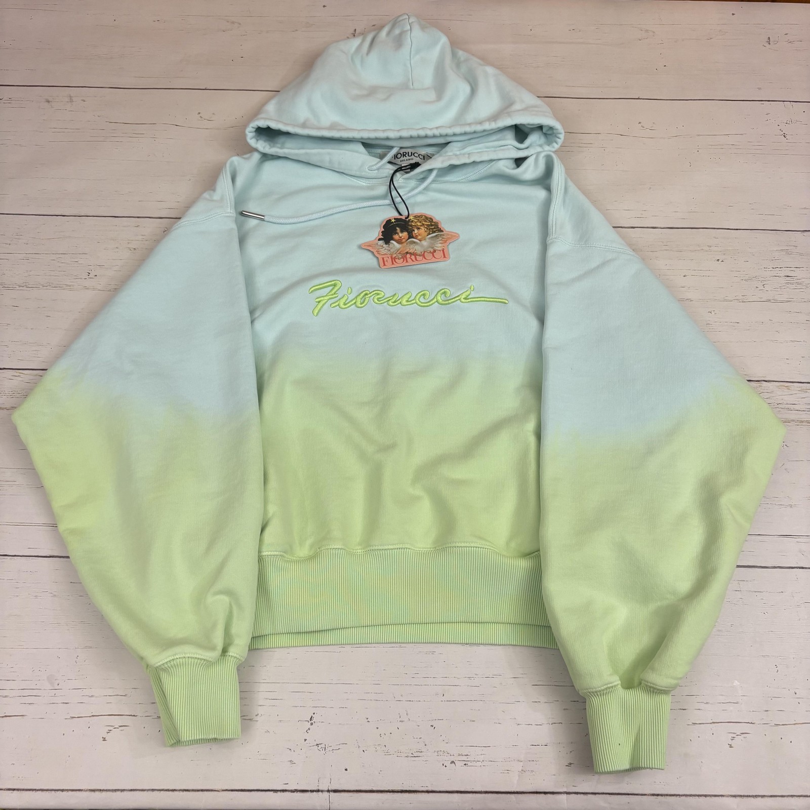 Fiorucci Hoodie Mens M Green Blue Ombre Angel Graphic Fleece Pullover Sweatshirt