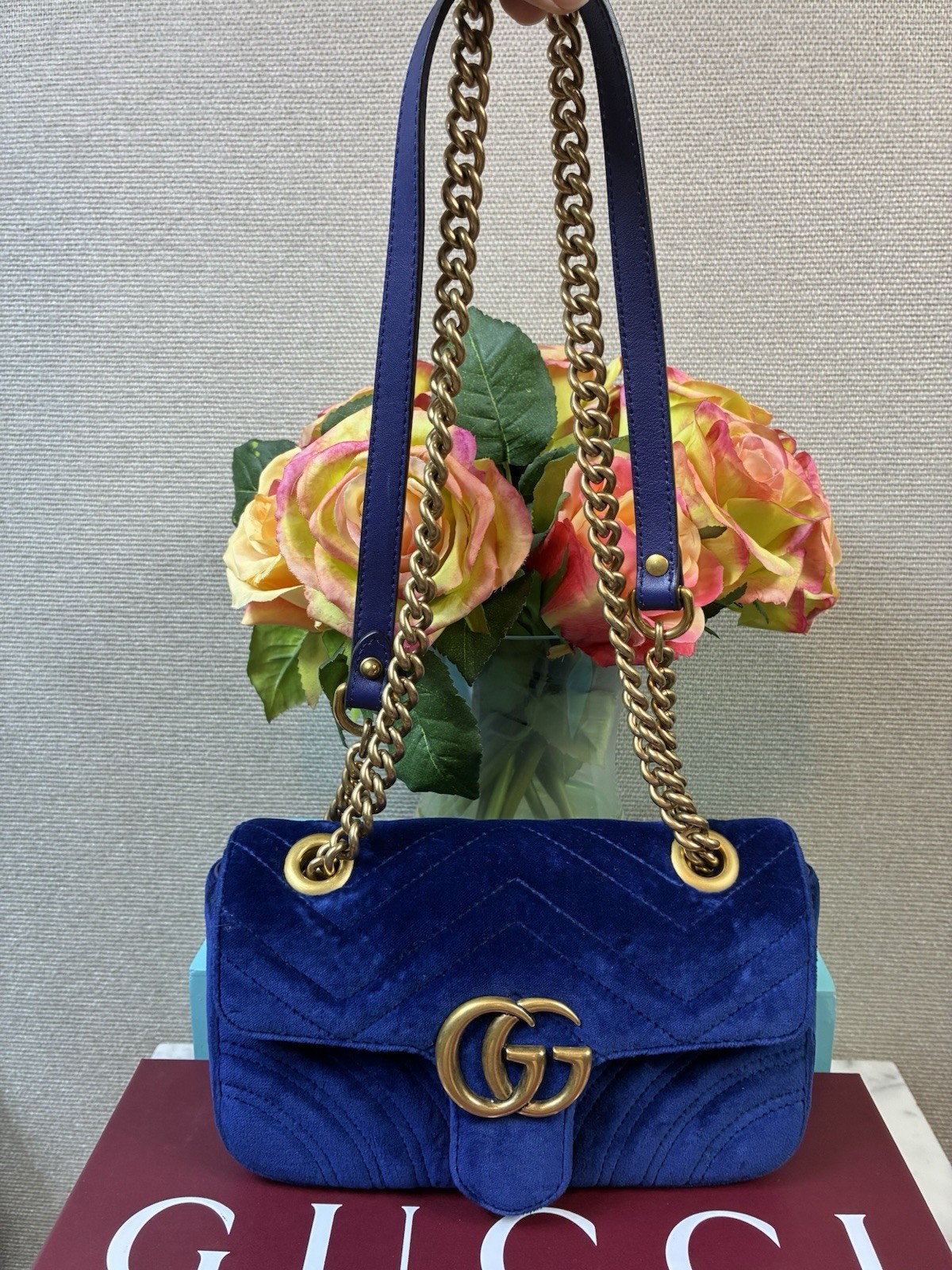 Gucci Marmont Blue Velvet Quilted Shoulder Bag – Excellent Pre Loved Condition