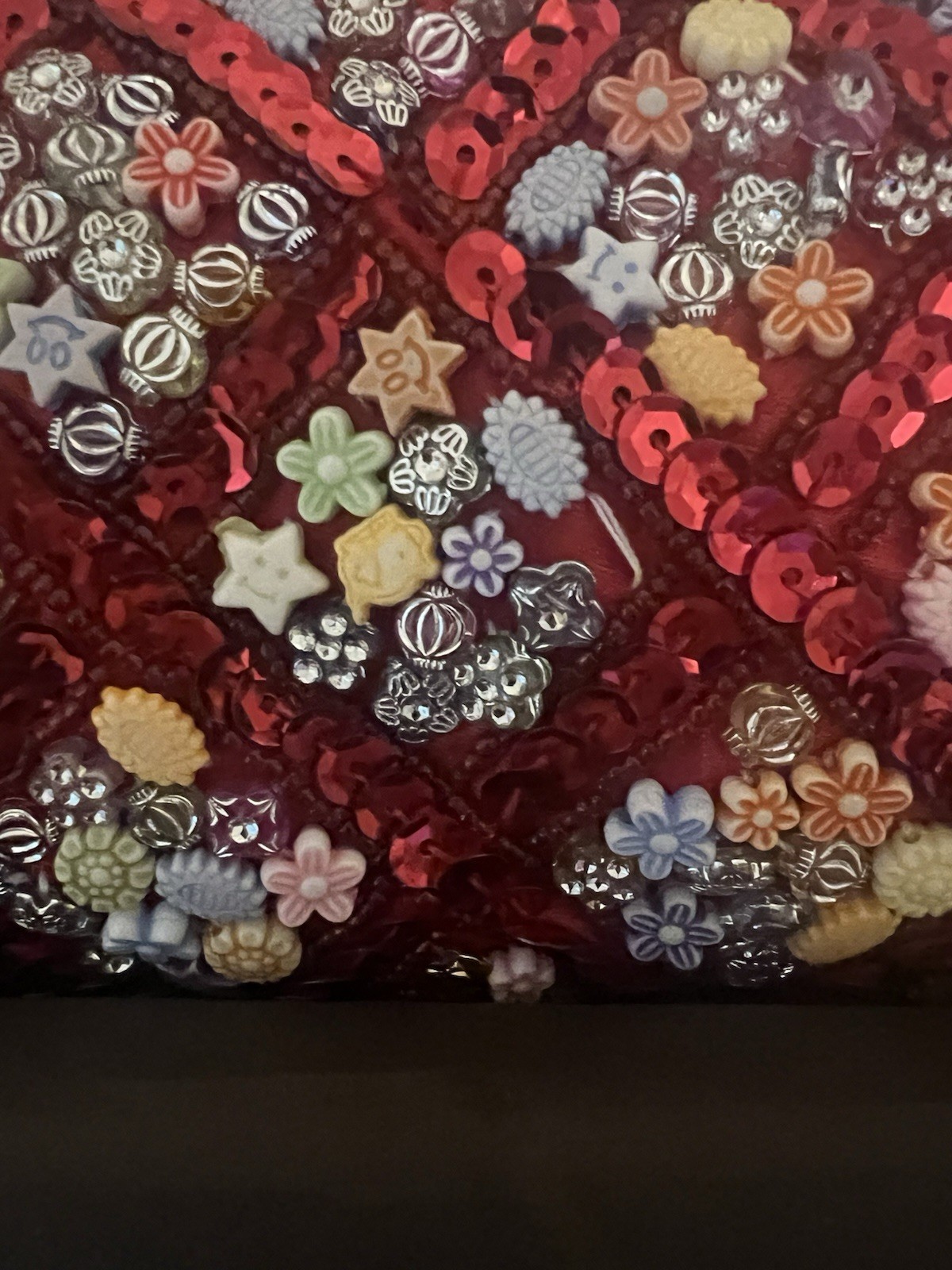 NEW Red Beaded Sequin Floral Lock Clutch satin Lined three lengths