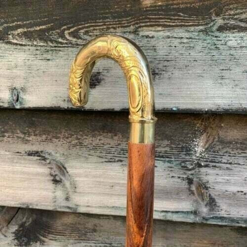Vintage Brass umbrella Head Handle Brown Wooden Walking Stick Cane Victorian new
