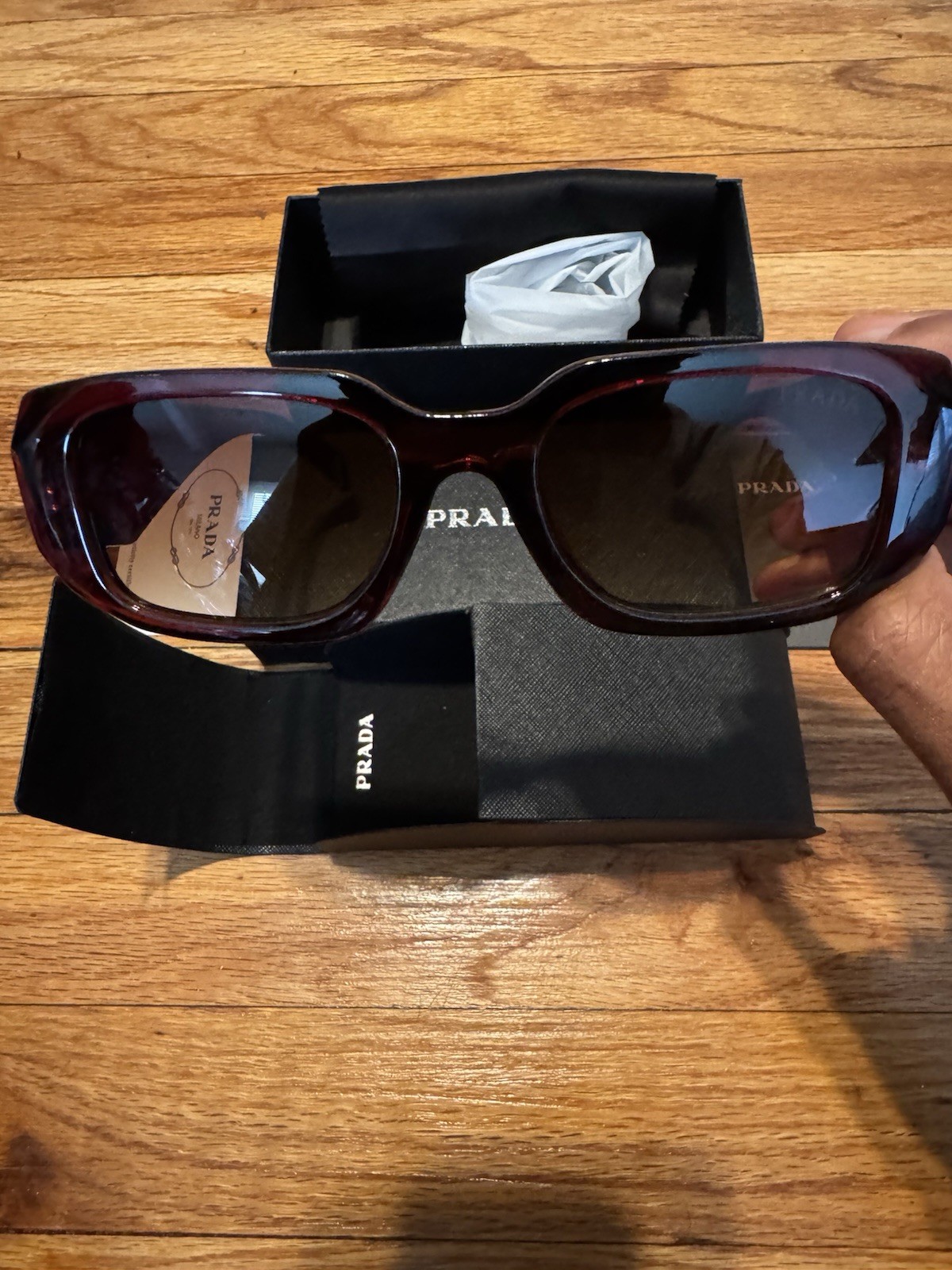 Prada PR 17WS Rectangle Sunglasses Dark Red Frame Brown Lens Authentic Unisex