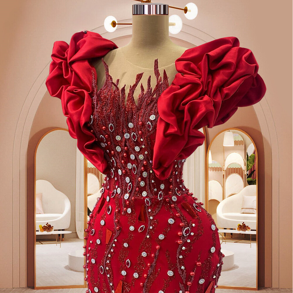 Luxury Red Mermaid Evening Dresses Beaded Ruffles Prom Party Dresses Plus Size