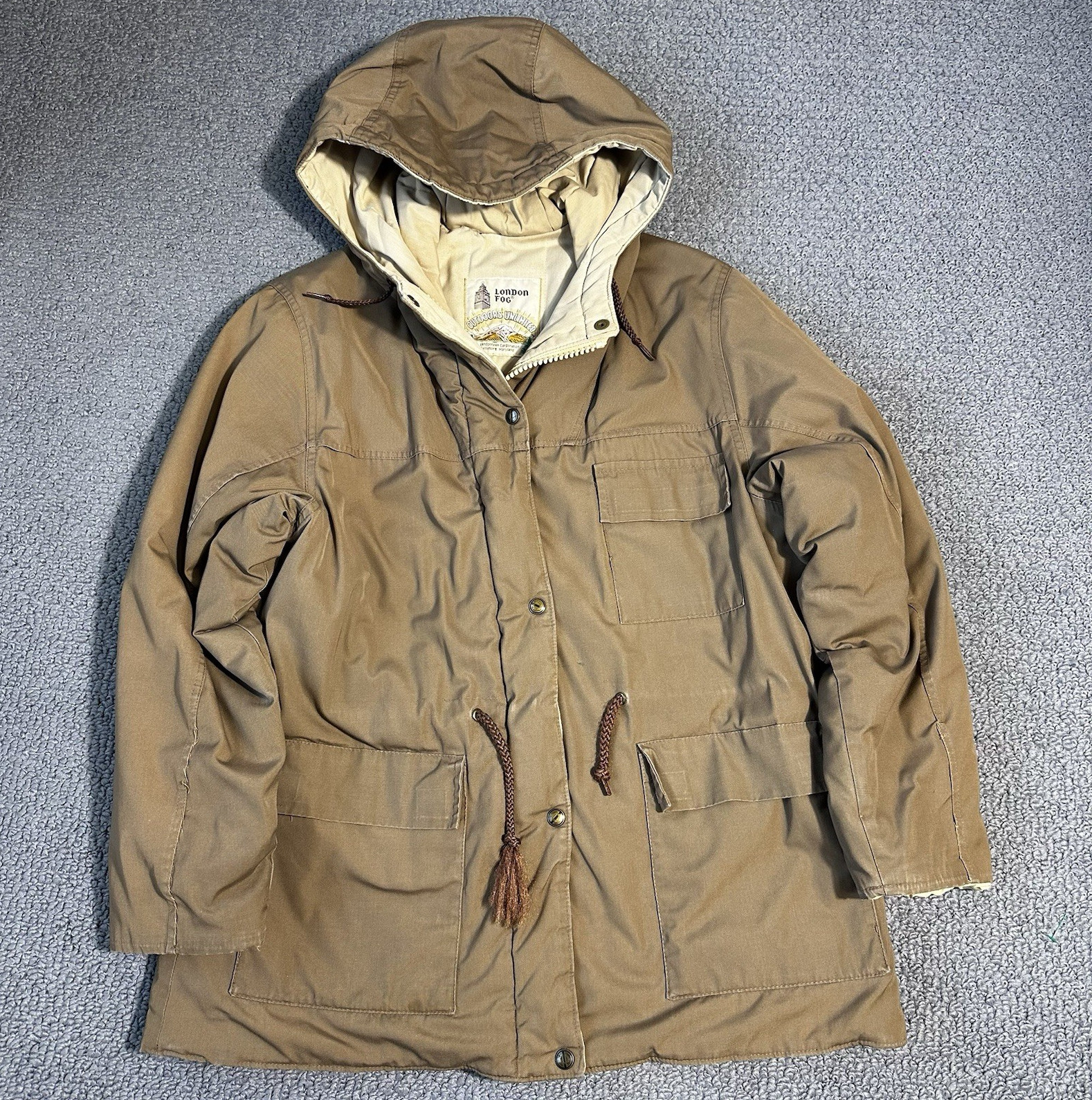 London Fog Men’s Brown Hooded Parka Jacket Mid-Length Zip/Button Size 13/14