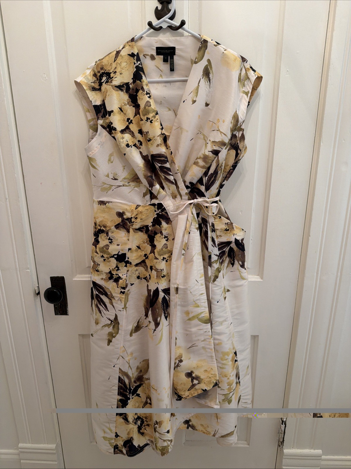 Donna Karan NY Floral Wrap Shimmer Floral Dress Waist Tie Pockets Size 14 $199