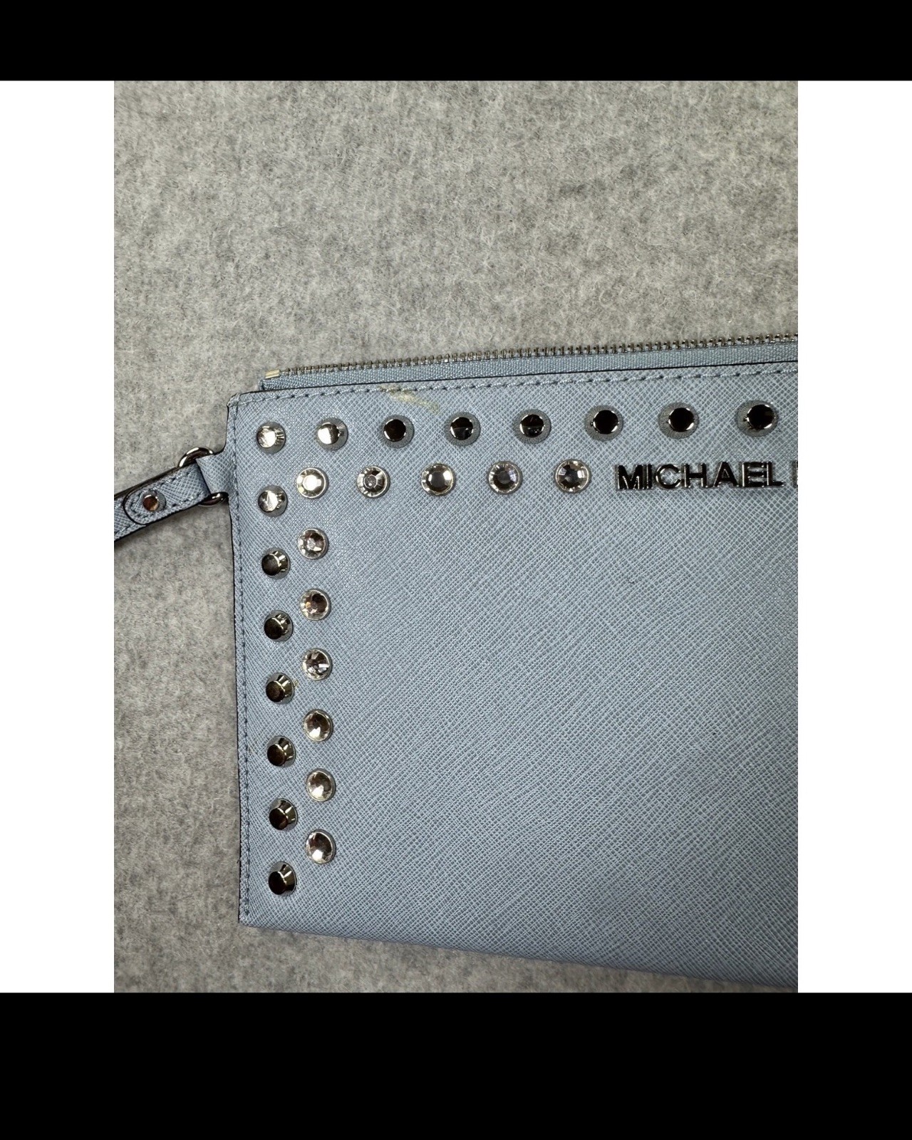 Michael Kors Pouch Wristlet Studded Saffiano Leather Pale Blue Glam Edgy Rocker