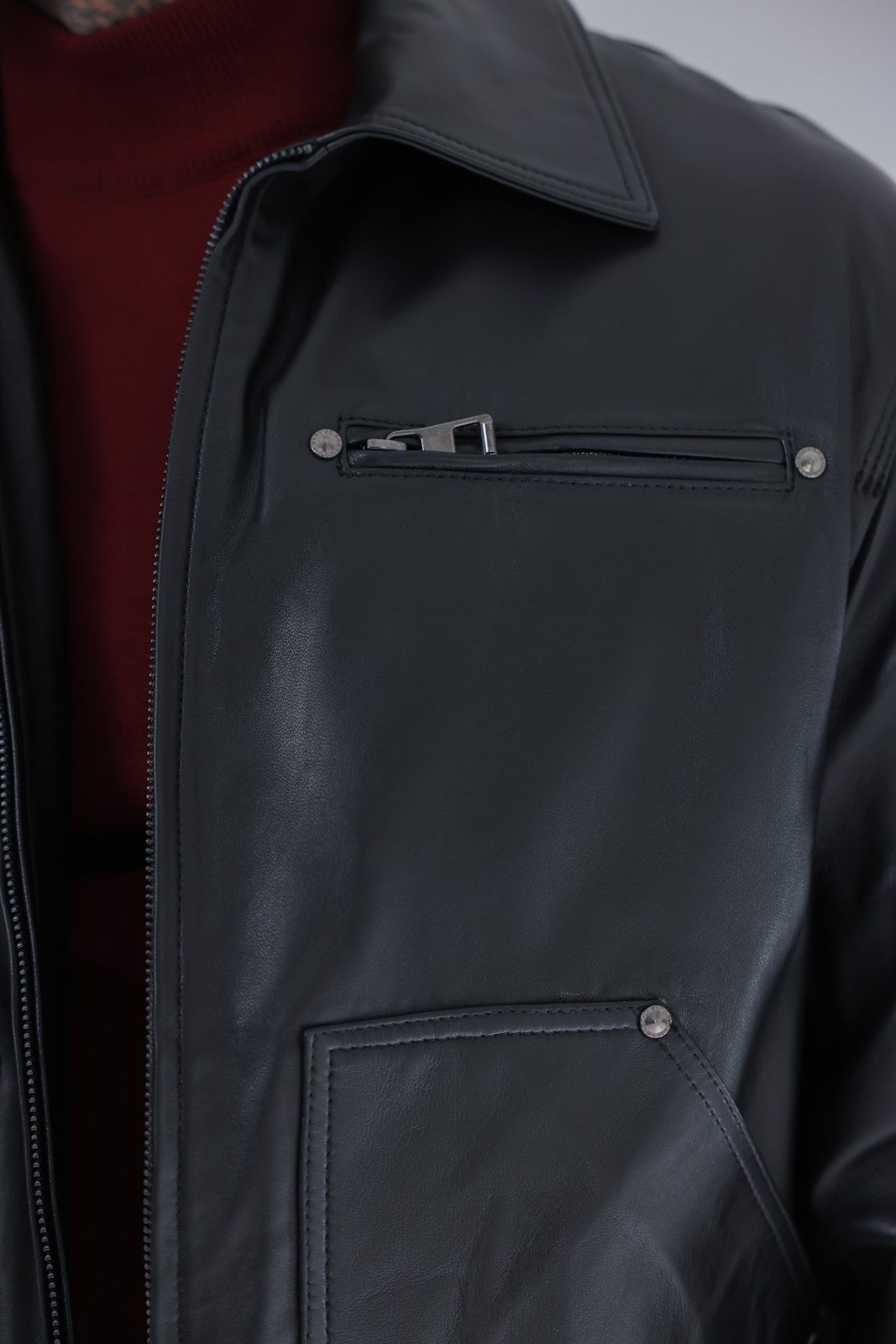 Men’s Genuine Leather Cafe Racer Jacket Black Zip Point Collar 25″ – 65cm