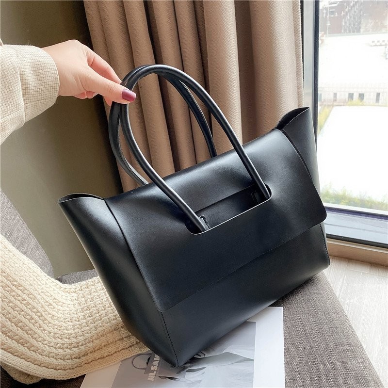 Women Large PU Leather Tote Bag Retro Shoulder Handbag Solid Color 42cm Wide