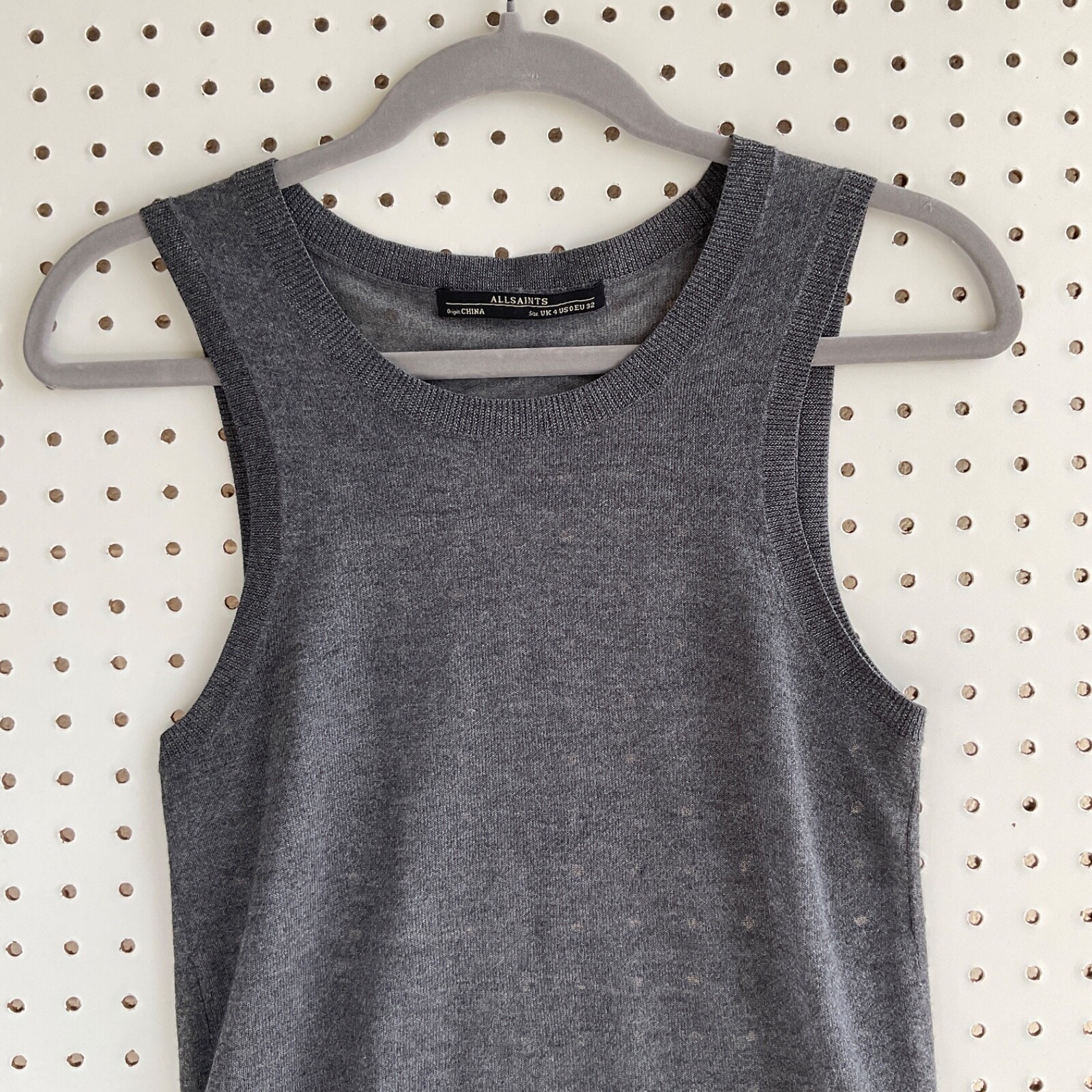 ALLSAINTS Sheer Metallic Womens Tunic Top Size 0 Silver Gray Knit Sleeveless