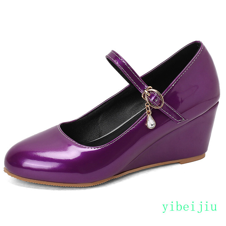 Women’s Mid Wedge Heels Mary Jane Shiny Leather Dress Wedding Shoes Rhinestone