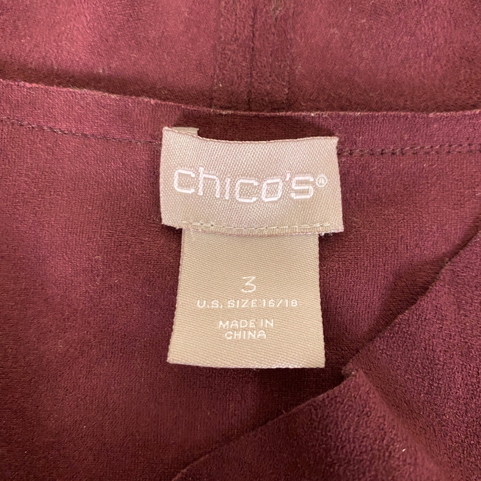 Chicos Cardigan Jacket Size 3 (US XL 16 18) Burgundy Faux Suede Open Front