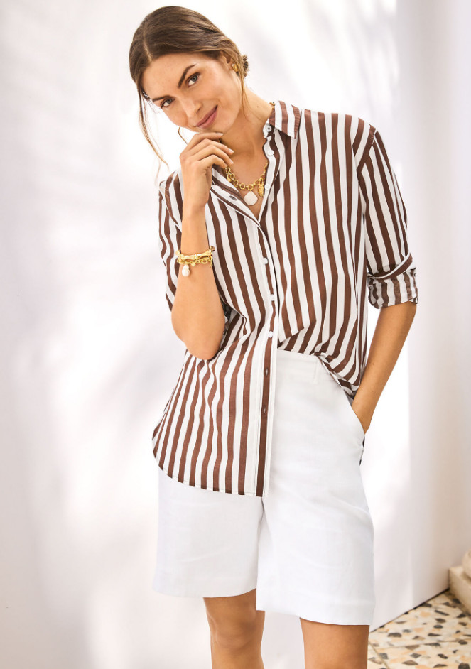 TALBOTS Everyday Relaxed Shirt – Sand Stripe DARK WALNUT/WHITE New
