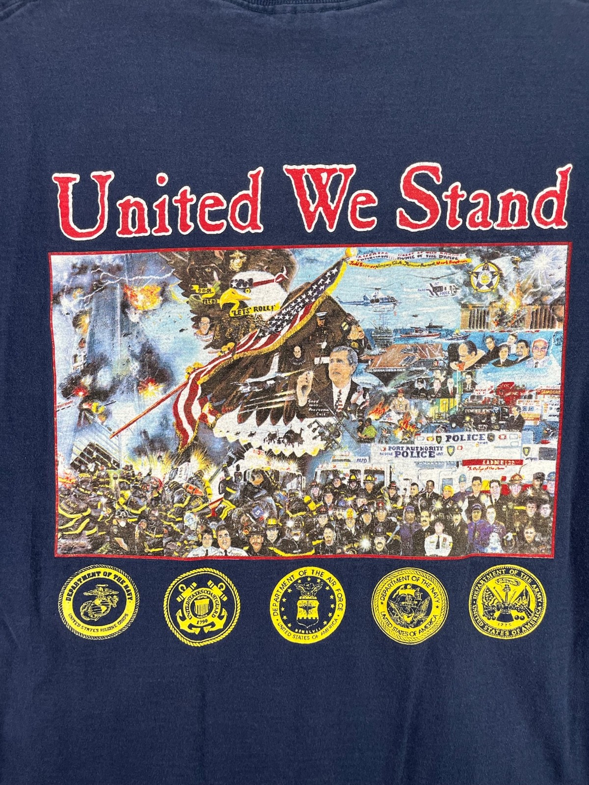 Vintage 9/11 Memorial Shirt Mens Large Blue NYPD FDNY PAPD United We Stand USA