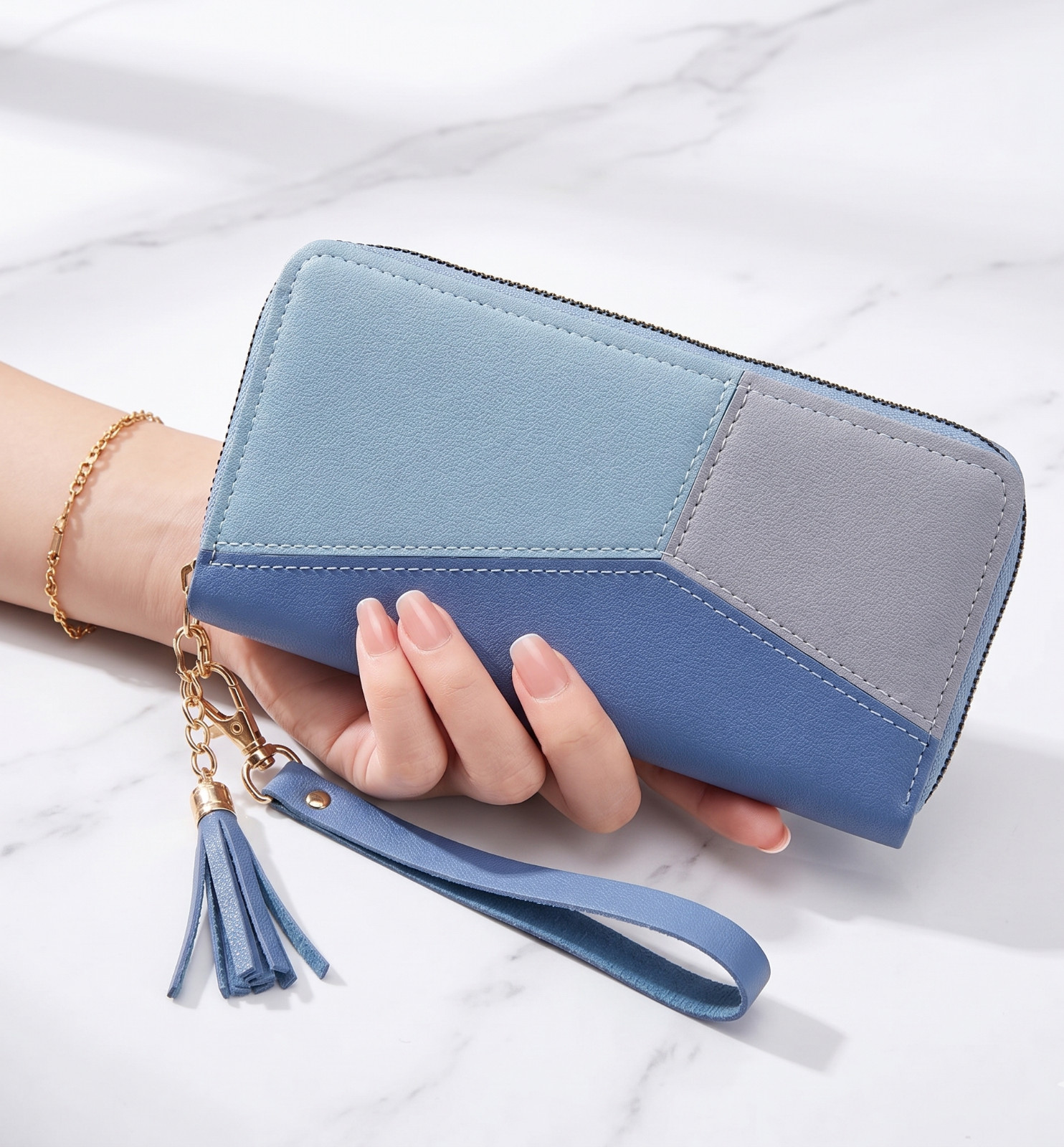 Women’s Zip Around Wallet Color block Clutch Wristlet Purse with Tassel Charm