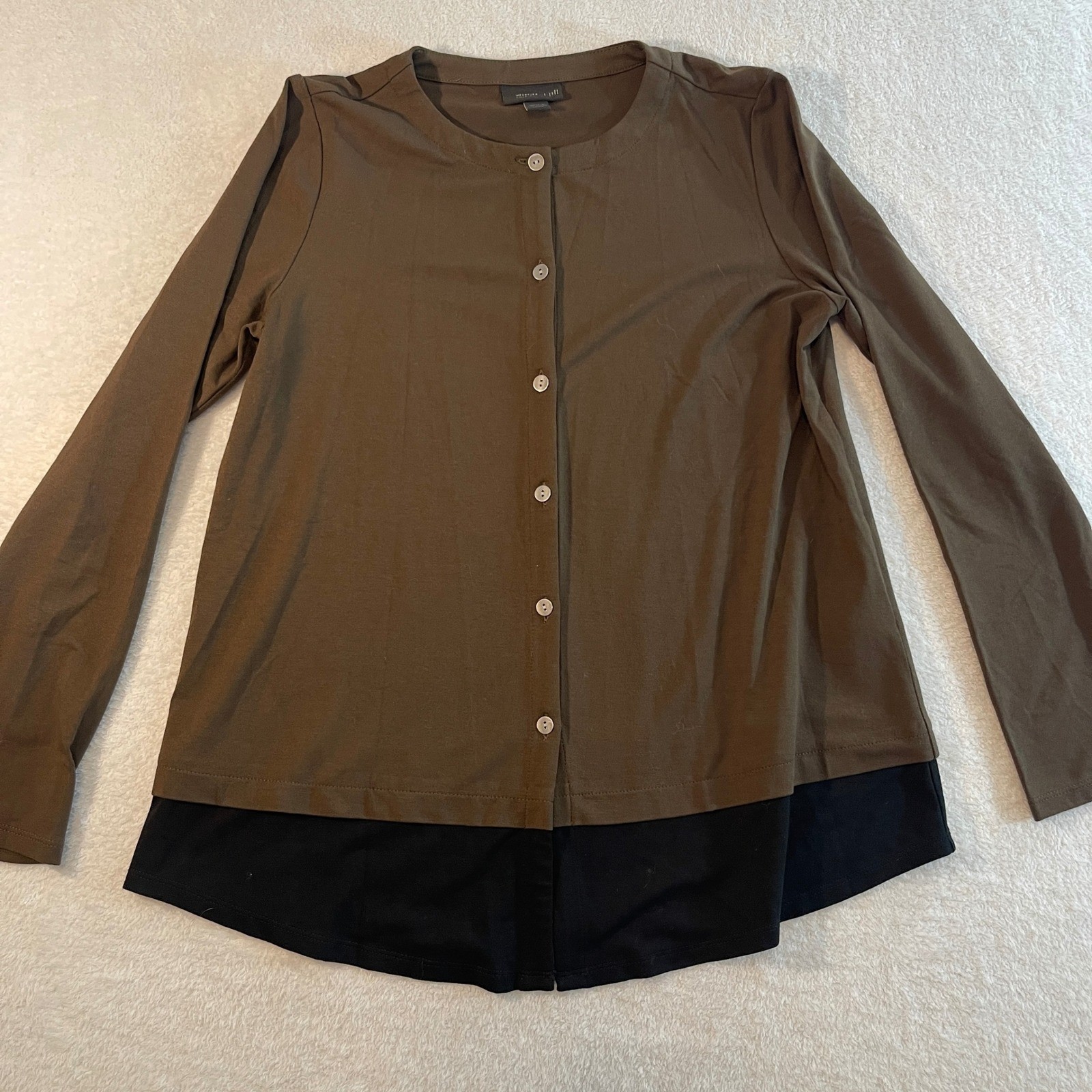 J. Jill Wearever Olive Brown Black Button Front Layered Hem Top XS Petite