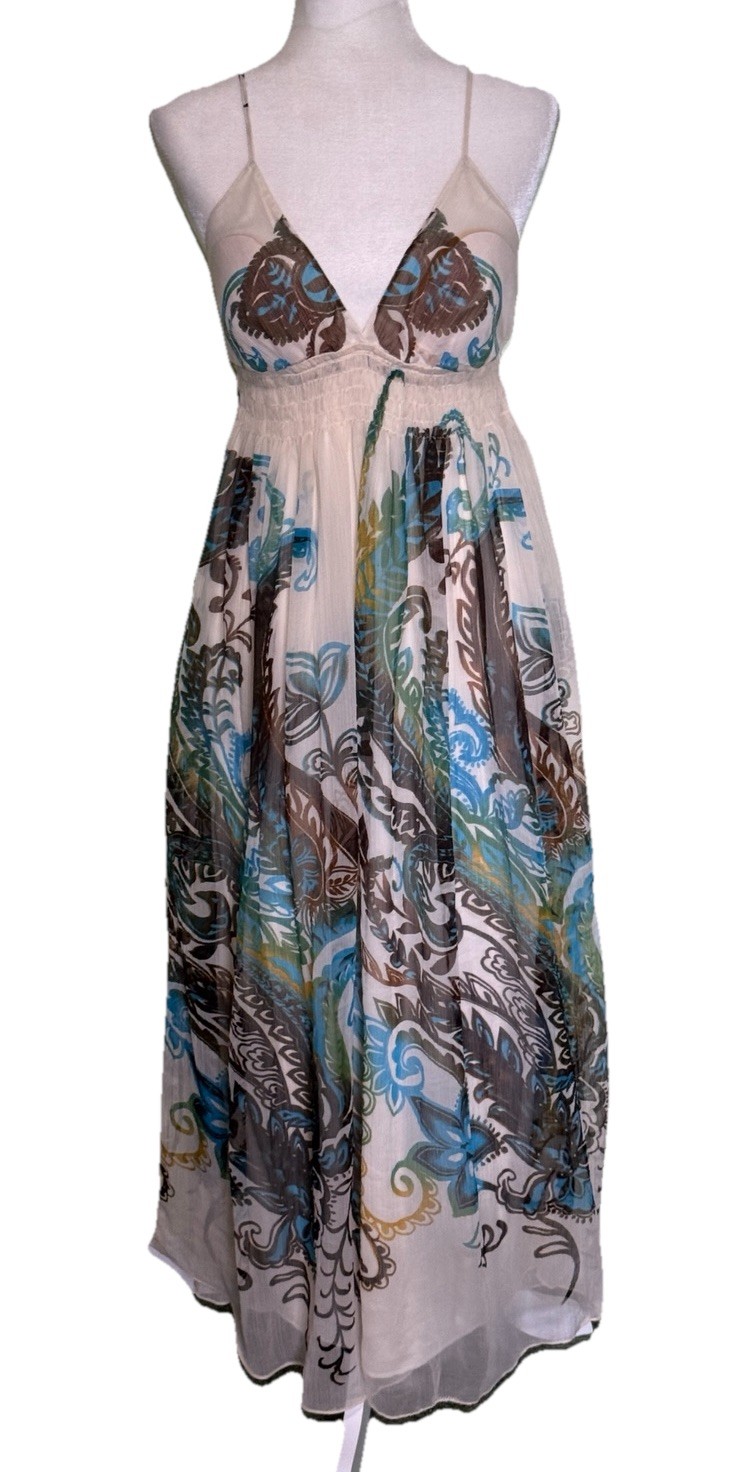 Women Boho Maxi Paisley Dress Spaghetti Strap Empire Waist Flowy Summer Size Med