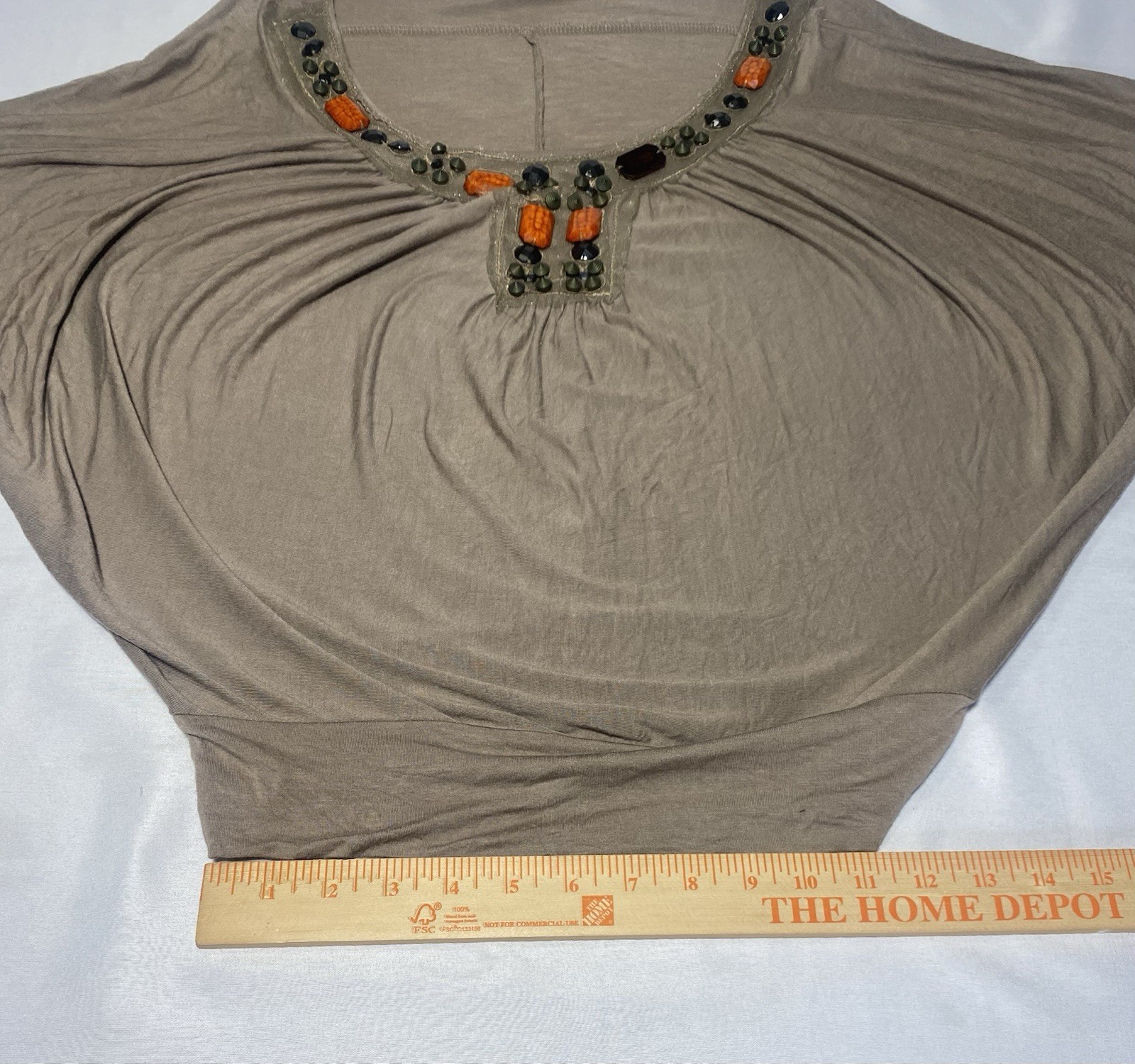 Rue21 Womens Small Beaded Dolman Batwing Top Taupe Boho Rayon Stretch