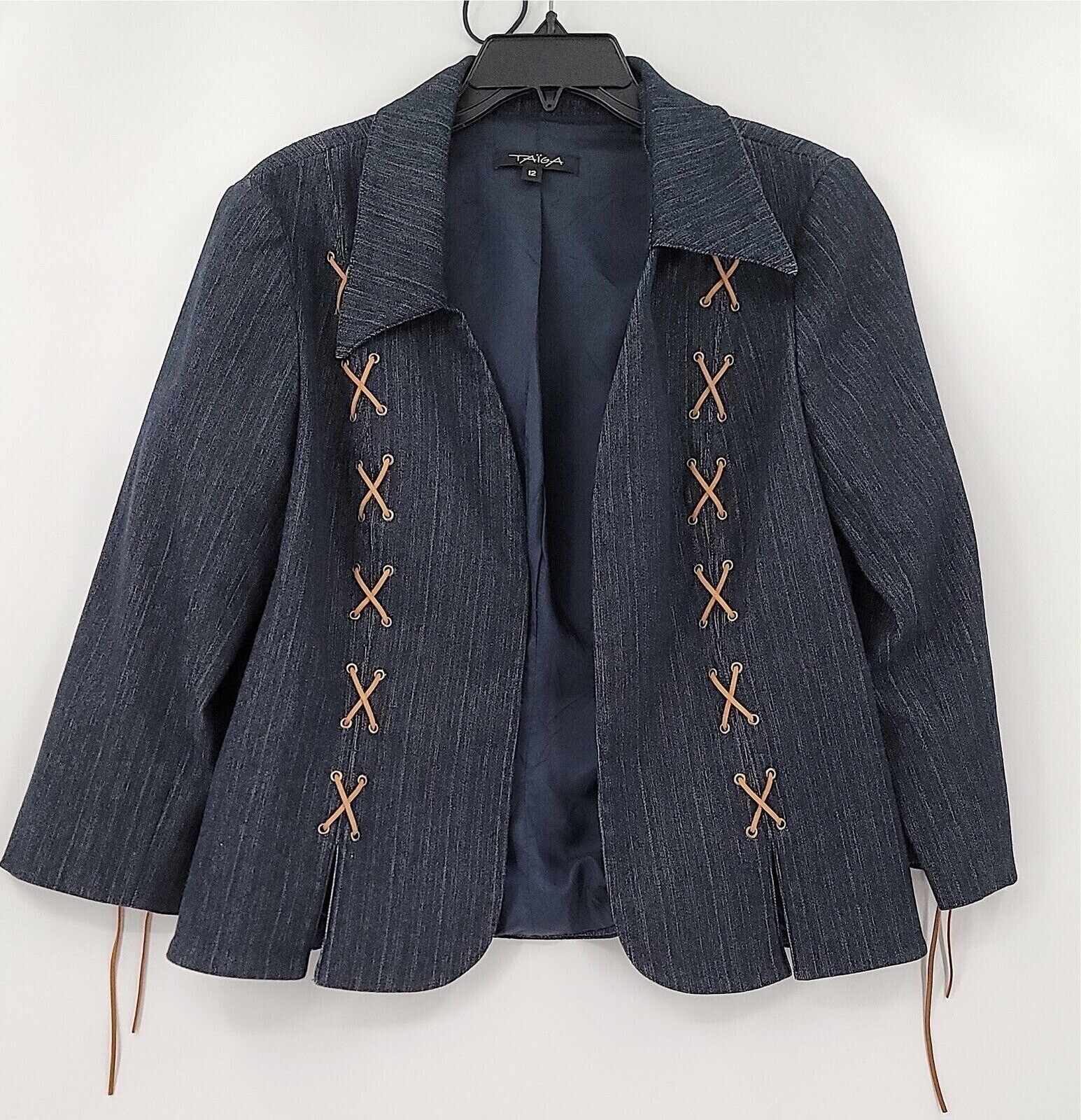 Taiga Womens Blazer Size 12 Blue Jean Collared Open Front Lined All Seasons