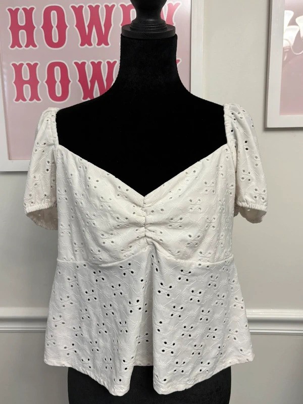 Blue Rain White Eyelet Puff Sleeve Peplum Top Size XL