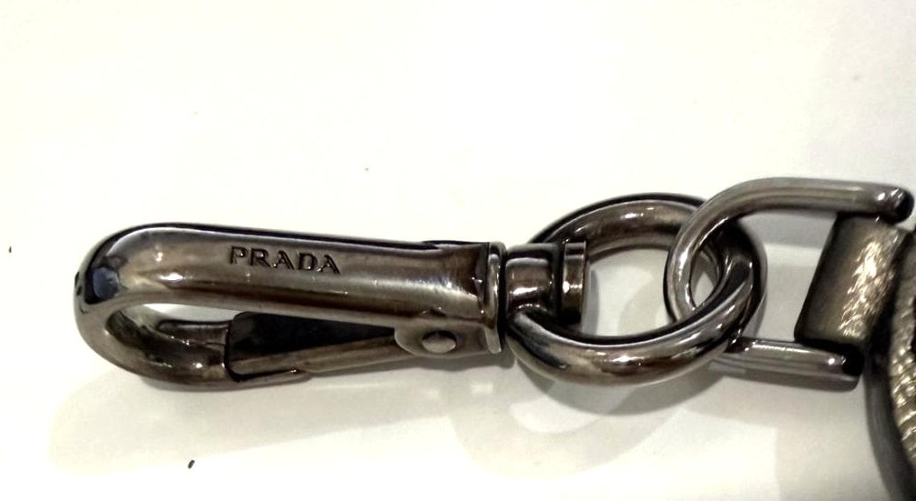PRADA Heart Charm Key Ring Bag Charm Silver Saffiano Leather Studs 2.8×2.8in.