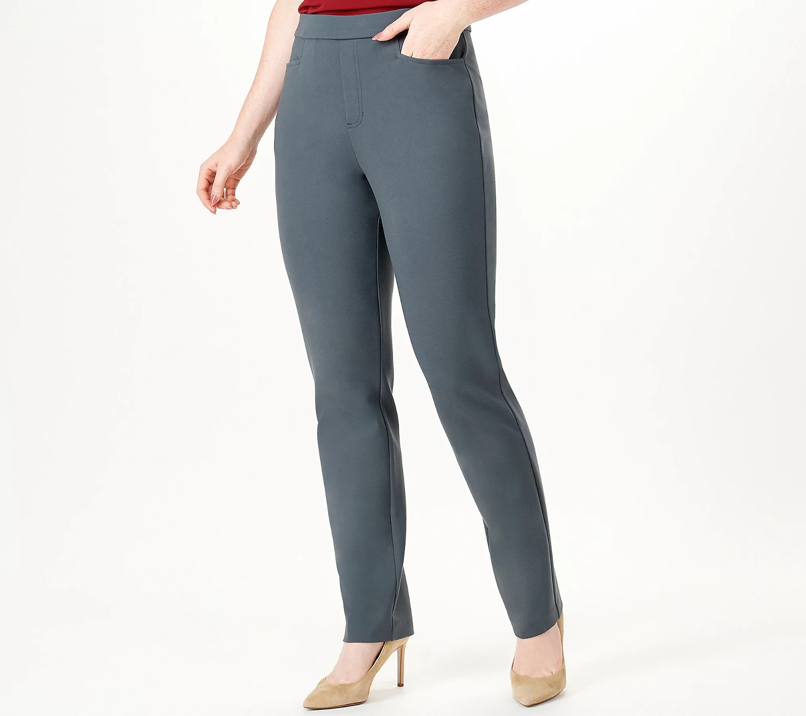 Susan Graver Regular Smart Ponte Knit Slim Leg Pant Sleek Grey ,Large
