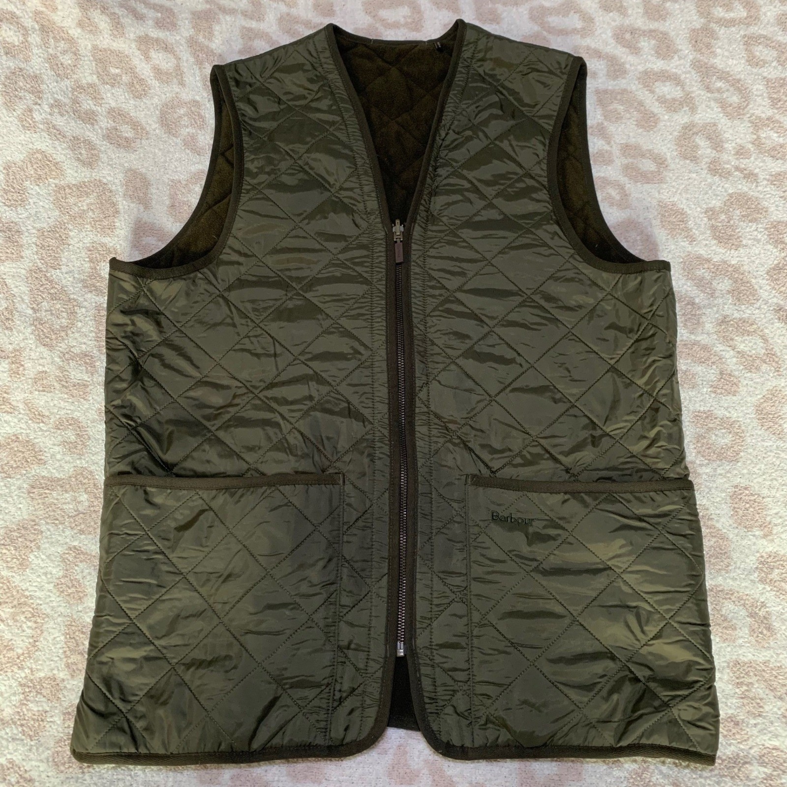 Barbour Quilted Vest Olive Green Fleece Lined Full Zip Pockets Mens Size M