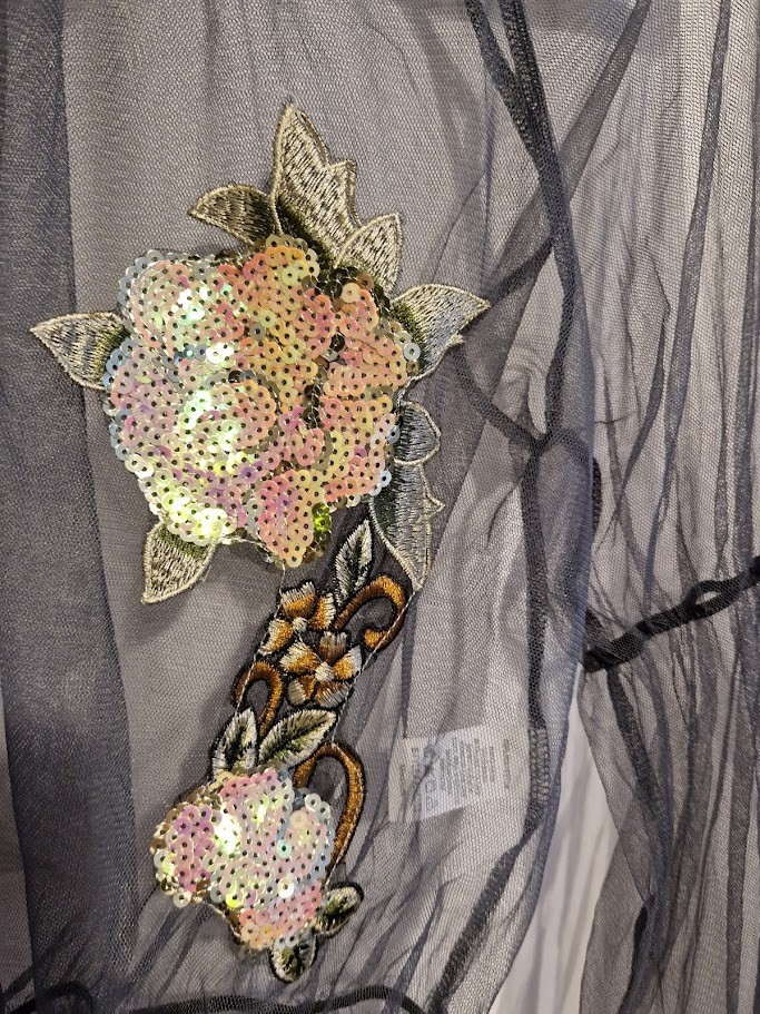Twinkle Sheer Mesh Crop Top Grey Sequin Applique Flower Bubble Hem Festival