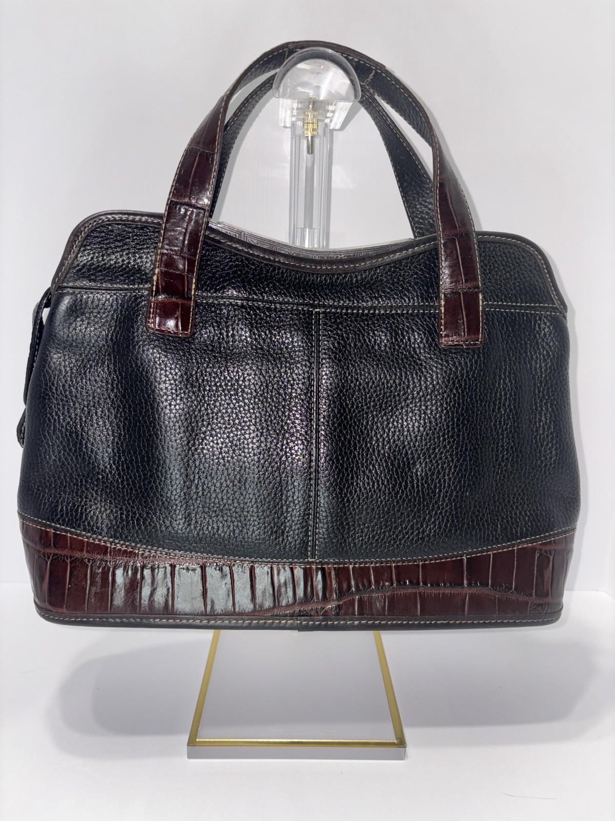 Vintage Brighton Satchel Black Pebbled Leather – Crocodile Embossed Trim