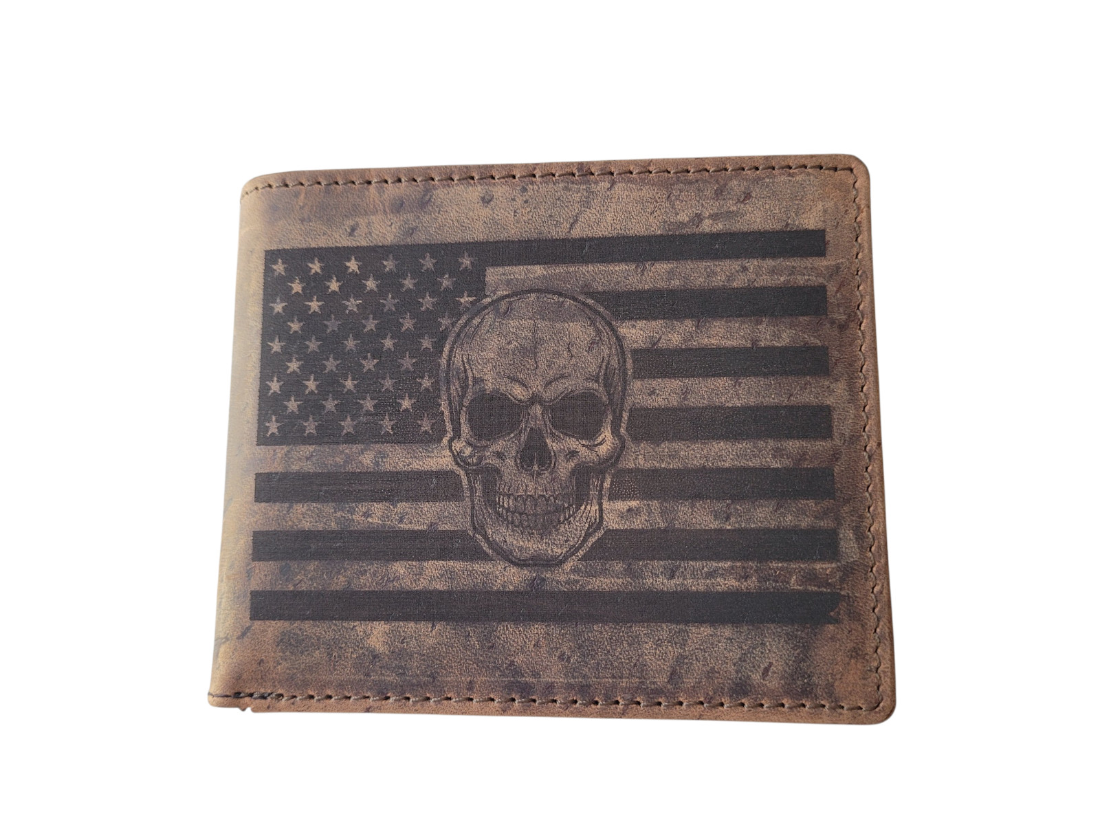 US Flag Skull Full Grain Hunter Cowhide Leather RFID Blocking Bifold Wallet