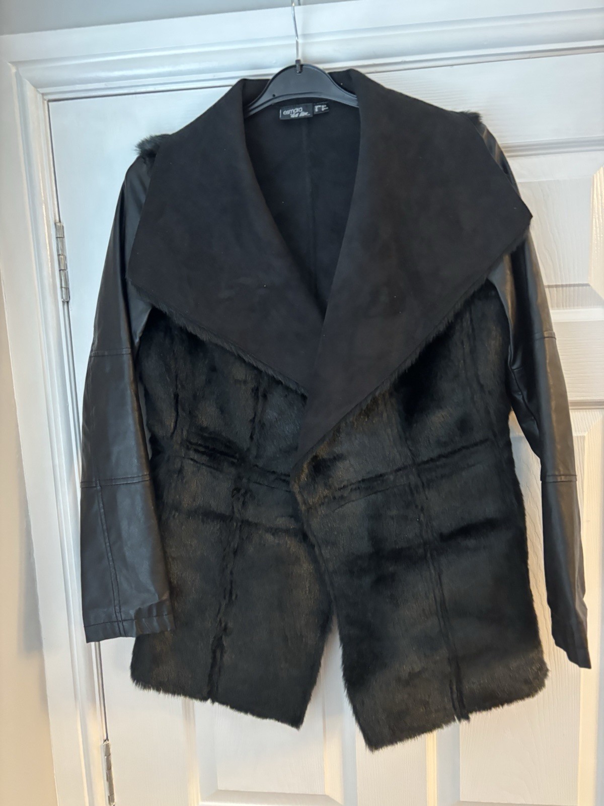 Uk 10 Esmara by Heidi Klum Faux Fur Jacket with Faux Leather Sleeves Black